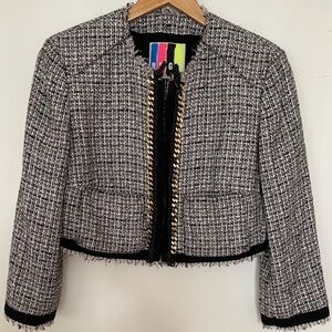 MSGM Italy Runway Gold Chain Tweed Cropped Dress Jacket Linen Blend NEW